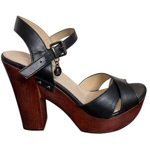 Aldo Leather Platform Sandals Black Studded wood Block Heel Size 10 NWOT